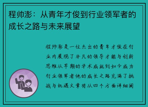 程帅澎：从青年才俊到行业领军者的成长之路与未来展望