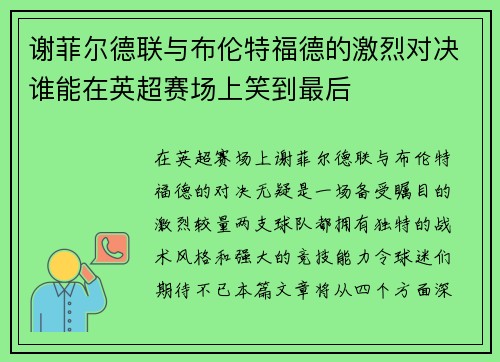 谢菲尔德联与布伦特福德的激烈对决谁能在英超赛场上笑到最后